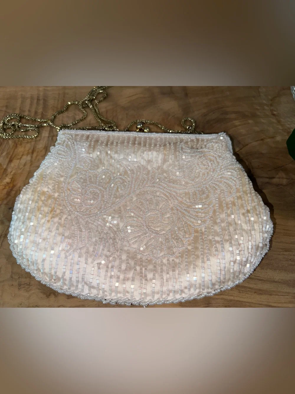 Vintage Beaded Cream Colored Evening Clutch with Gold Chain Strap